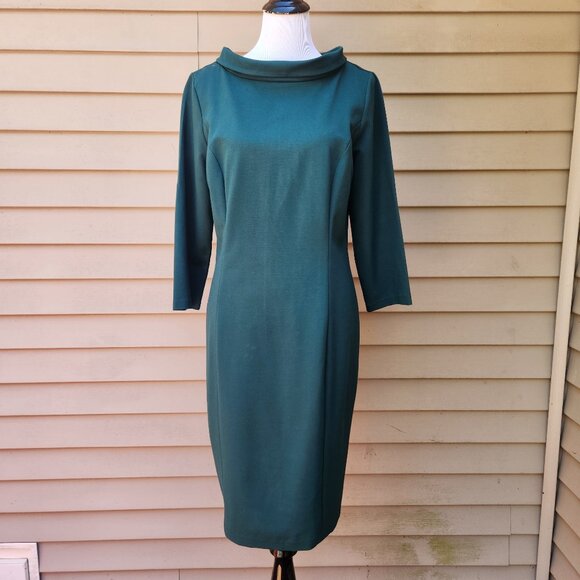🔴SOLD🔴 Talbots Ponte Knit Green Sheath Dress 3/4 Sleeves Wide High Mockneck - Picture 2 of 12